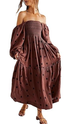 Willow Dance Women Casual Bohemian Floral Dress Square Neck Ruffle Swing A Line Long Sleeve Beach Maxi Dress with Pockets - Image 1