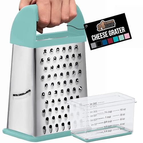 GORILLA GRIP 4-Sided 100% BPA-Free Cheese Grater With Container, Stainless Steel XL Box Graters, Parmesan Shredder, Grate Cheeses, Shred Veggies, Slip Resistant Handle, Dishwasher Safe Zester, Mint - Image 1