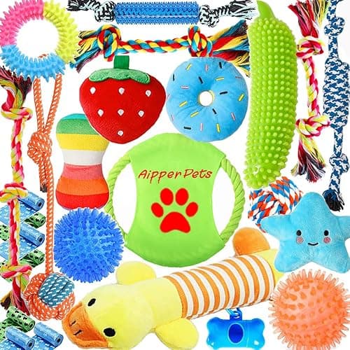 Aipper Dog Toys 25 Pack for Fun and Teeth Cleaning, Puppy Chew Toys Pack with Squeak Plush Toy,Squeaky Toy Balls,Tug of War and Rope Toys for Puppy to Small Dogs - Image 1