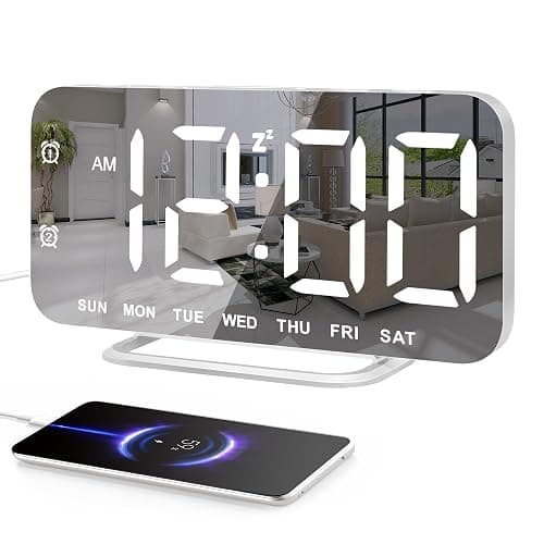 Slim LED Digital Alarm Clock, Mirror Surface for Makeup, with Diming, Large Display, Easy Setting, USB Ports, Modern Decor for Bedroom, Desk, Christmas, Birthday Gift for Women, Daughter, Girl, White - Image 1