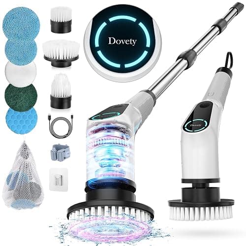 Dovety Electric Spin Scrubber, Cordless Cleaning Brush, Shower Scrubber with 8 Replaceable Brush Head, Power Cleaning Brush with Extension Handle, 2 Adjustable Speed, for Bathtub Grout Tile Floor - Brush - White - Image 1