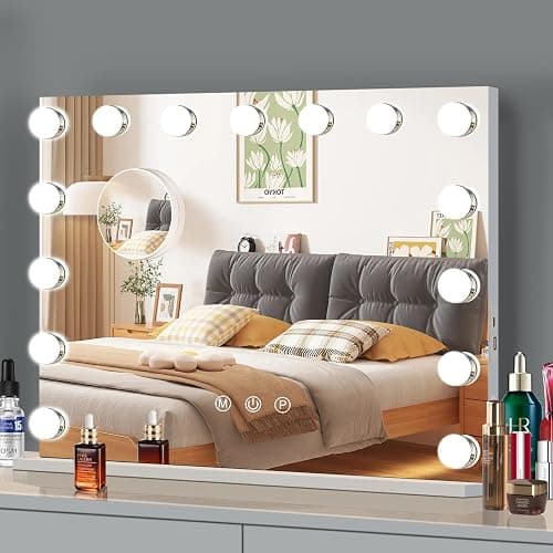 Ruication Hollywood Vanity Mirror with Lights, 58×48cm Lighted Makeup Mirror with 15 Dimmable Led Bulbs, 3 Lighting Modes, Touch Screen Control, Tabletop and Wall Mounted for Bedroom - Image 1