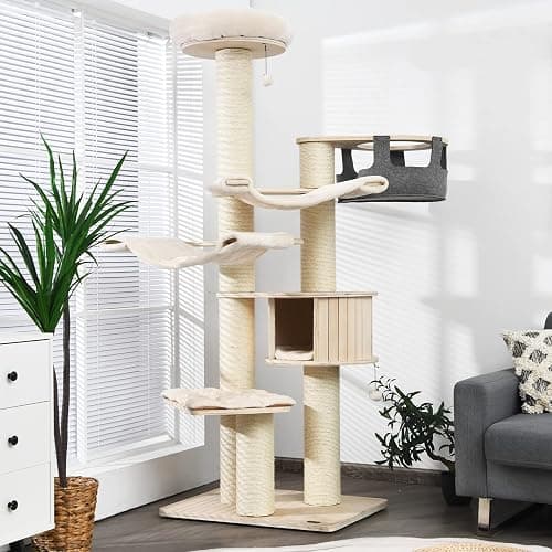 Tangkula Large Cat Tree, Multi-Level Tall Cat Tower with Sisal Scratching Posts, Hammocks, Hanging Basket, Cat Condo and Removable Washable Cushions, Modern Wood Cat Tree for Indoor Cats Large Adult - Image 1