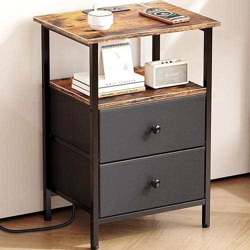 Smoproper Nightstand with Charging Station, Bedside End Table with 2 Fabric Drawers for Bedroom, Side Table with USB Ports and Outlets (Brown Black) - Image 1