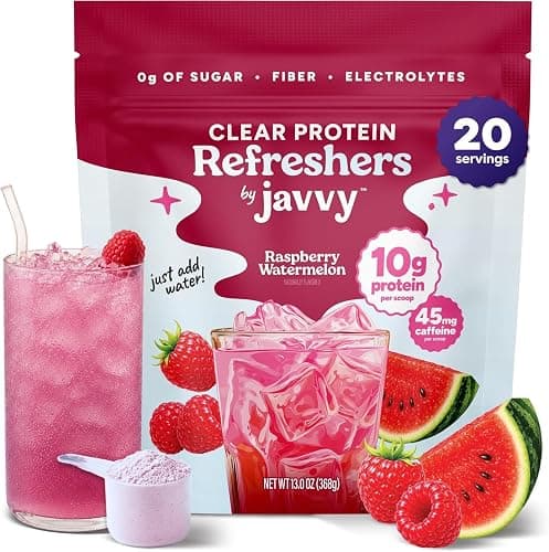 Javvy Clear Protein Powder with Clear Whey Protein, Raspberry Watermelon | 10g Whey Protein & Collagen Peptides, Electrolyte Powder, Natural Flavors, 0g Sugar, 3g Fiber, 45mg Caffeine - Image 1