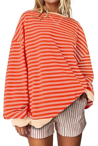 UEU Women Oversized Striped Crewneck Sweatshirt Long Sleeve Casual Pullover | Loose Fit Y2K Tops, Soft Sweatshirt Fabric, Color Block, Lounge Fall Streetwear, Workout Shirt - Image 1