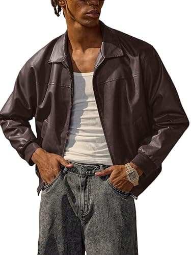 Verdusa Men's Leather Jacket Zip Up Collared Bomber Jackets with Pockets | Leather Jacket Men, Motorcycle Jacket, Zip Up Bomber Jacket, Concert Outfits, Streetwear Men - Image 1