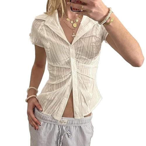 Women Y2k Short Sleeve Button Down Shirts Coquette V Neck Collared Crop Tops Vintage Slim Fit Going Out Blouse - Image 1