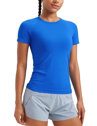 CRZ YOGA Seamless Workout Tops for Women Hip Length - Athletic Running Gym Yoga Short Sleeve Shirts Breathable Crewneck Tees - Image 1