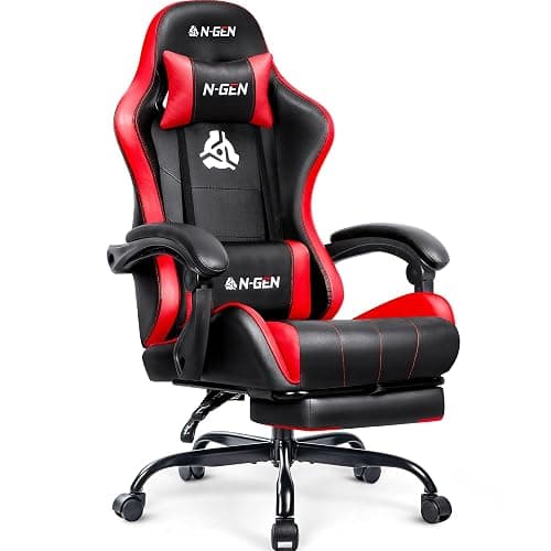 N-GEN GAMING Video Gaming Chair with Footrest Lumbar Support for Home Office High Back Recliner Height Adjustable Ergonomic Comfy Leather Computer Desk Chair (Red) - Image 1