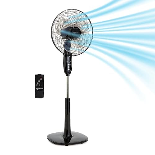 Amazon Basics 16" Pedestal Fan with Remote, Floor Fan, Standing Fan for Bedroom, Living Room, Office, with 3 Speeds, 3 Modes, Timer, Dual-Layered Blades, Adjustable Height, Tilt Head, 60W, Black - Image 1