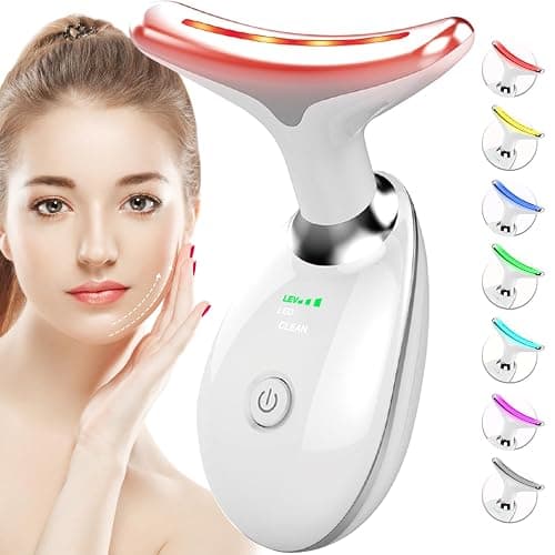 SDKWDH Red-Light-Therapy-for-Face-and-Neck, 7 Color Face Massager Tool for Wrinkles, Double Chin, Vibrating Facial Massager with Thermals for Skin Care, Glossy White - Image 1