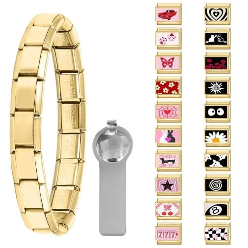 papasgix Italian Charm Bracelet Charms Gold Set with 1pc Starter Brascelet, 20pcs Assorted Italian Charms for Bracelets and 1pc Opening Tool, 9mm Modular Italian Charm Bulk Pack Links Handmade DIY - Image 1
