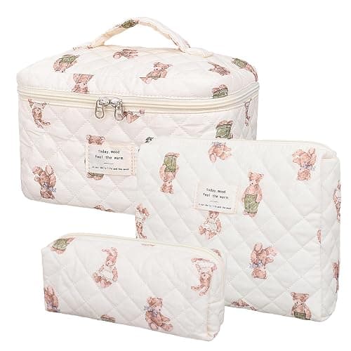 honitty Makeup Bag,Quilted Cosmetic Bag,Large Floral Make Up Bag for Women,Cotton Makeup Bag Set,Flower Travel Toiletry Bag - Image 1