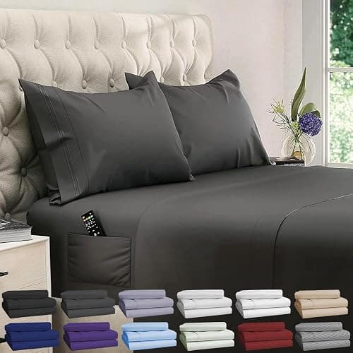 DREAMCARE Twin XL Sheet Sets - 4 pcs Breathable Cooling Sheets - up to 21" Deep Pocket Twin XL Sheets Set with Side Pockets - Extra Soft 100% Brushed Hypoallergenic Hotel Luxury Bedding - Gray - Image 1