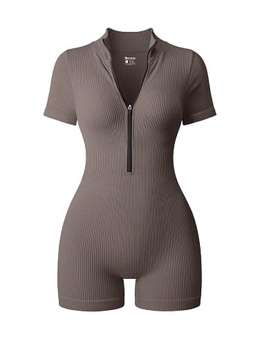 OQQ Women Rompers Ribbed Short Sleeve Zip Front Stretch Tummy Control Yoga Workout Rompers - Small - Tea Leaf - Image 1