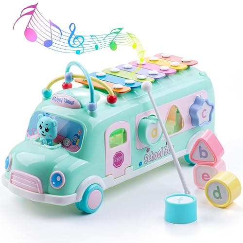 Baby School Bus Xylophone Toy for Toddlers 1-3, 5-in-1 Montessori Musical Bus Toys Gifts for 1 Year Old Baby Girl, Shape Sort Toys Knocking Xylophone Educational Instruments Birthday Gift Boy Girl - Image 1