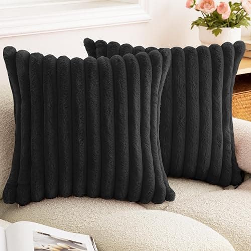 BAOLIZEGAO Double-Sided Faux Fur Plush Throw Pillow Covers 18x18 Set of 2 Fuzzy Striped Soft Cozy Pillowcase Luxury Decorative Pillows Square Fluffy Cushion Covers for Couch Sofa Bed,Black - Black - 18" x 18" (Pack of 2) - Image 1