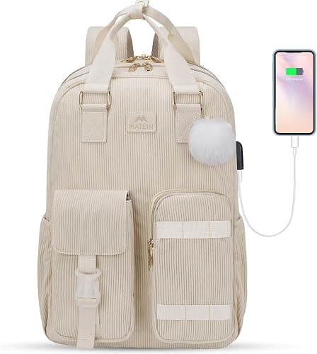 MATEIN Cute Backpack for Girls, 15.6 Inch Corduroy School Bookbag Aesthetic Kawaii Laptop Backpack with USB Charging Port, TSA Lightweight Travel Daypack for Women Teens Girls Computer Bag, Beige - Image 1