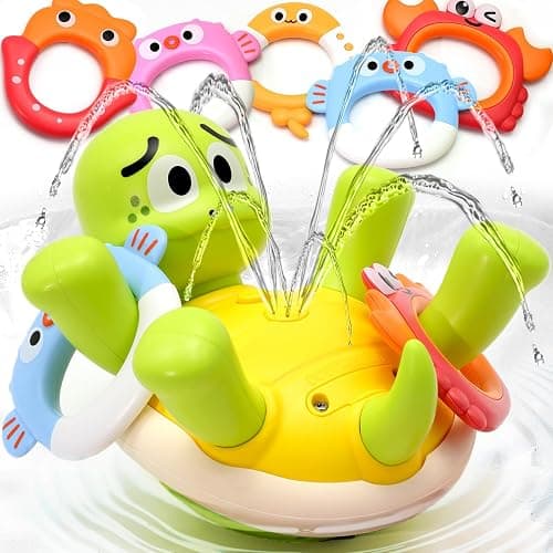 Sizobi Baby Bath Toys, Rechargeable Turtle Bath Toy Sprinkler for Kids Toddler with 5 Rings, Bathtub Fountain Spray Toy for Baby, Mold Free Bath Toys for Kids Ages 1-3 4 5 6 Year Old Girl Boys Gifts - 5 rings - Image 1