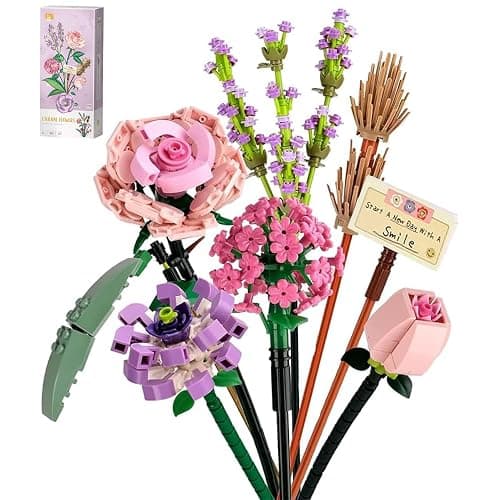 Wealrotn Artificial Flowers Construction Set Flowers Plants Bouquet Fake Flowers for Decorations, Decoration Flower Rose Adults for Home Gift, DIY Gifts Brick Flowers - Pink Rose - Image 1