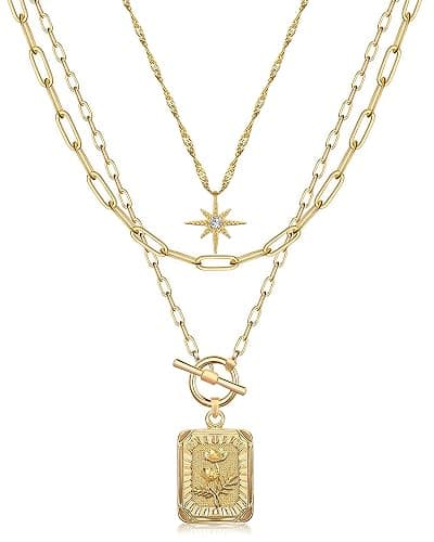 MJartoria Layered Necklaces for Women Trendy, 14K Gold Plated Brass Simple Star Choker Square Flower Pendant Necklace, Paperclip Chain Necklaces Jewelry Gifts - Image 1