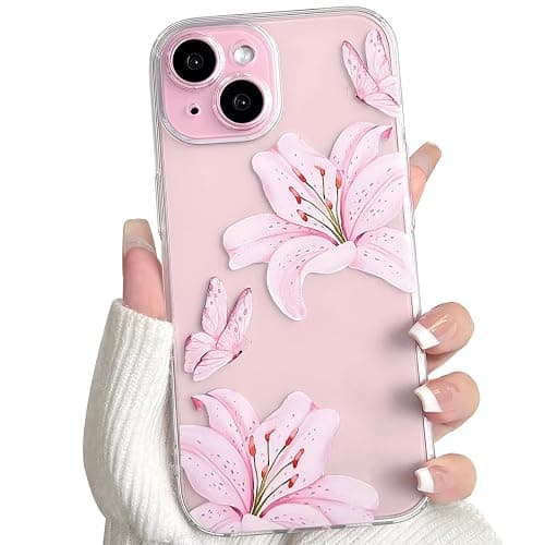 NITITOP Compatible with iPhone 15 Case Clear Cute Butterfly Lily Flower Floral Pattern for Women Girls Full Camera Lens Clear Slim Shockproof Protective Phone Cover - Pink - Image 1