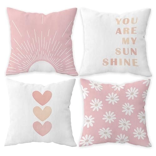 FLDAS Preppy Pillow Covers 18x18 Set of 4, Boho Preppy Pillow Cases, Pink Nursery Decor, Pink Preppy Decor, You are My Sunshine Heart Daisy Floral Preppy Throw Pillow Covers,You are My Sunshine Gifts - Image 1