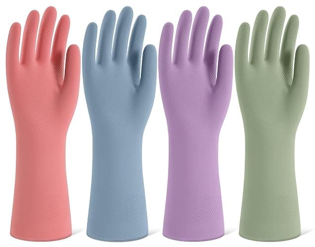 Rubber Cleaning Gloves for Dishwashing, 4 Pairs Reusable Kitchen Gloves for Washing Dishes and Household Cleaning, Colorful Dish Gloves with Flocked Lining and Non-Slip Grip, Pefect for Woman Men - M - Image 1