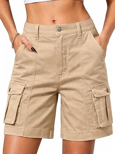 ELLEVEN Bermuda Cargo Shorts Women, Elastic High Waist 6 Pockets Shorts 7 Inch Inseam Summer Jorts for Women Casual - Image 1