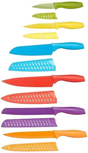 Amazon Basics Color-Coded Dishwasher Safe Kitchen 12-Piece Knife Set, 6 Knives with 6 Blade Guards, Multicolor, 13.88 x 4.13 x 1.38 inch - Image 1