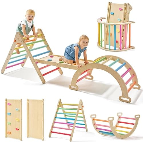 Tiny Land Pikler Triangle Set, 7-in-1 Foldable Pikler Triangle Climbing Toys Set for Kids,Baby Indoor Playground Jungle Gym, Wooden Montessori Climbing Set for Toddler (Rainbow) - Image 1