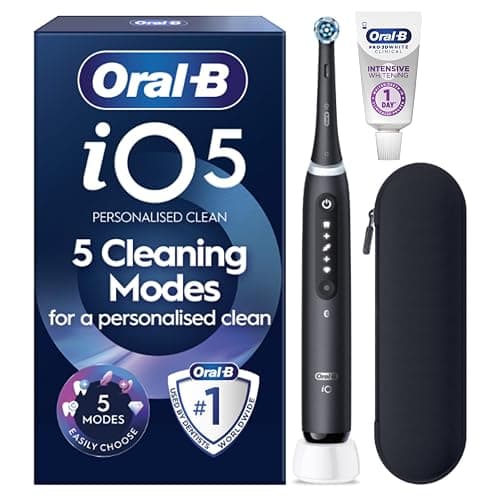 Oral-B iO5 Electric Toothbrush, Matt Black, with Travel Case and Toothpaste | 1 Toothbrush Head, Intensive whitening Toothpaste Included, 5 Cleaning Modes, Visible Pressure Sensor, Long-Lasting Battery - Image 1