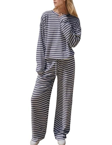Ythomm Striped Pajamas Womens 2 Piece Sets Long Sleeve Tee Shirts Drawstring Wide Leg Pants Matching Sets Fall Lounge Outfits - Image 1