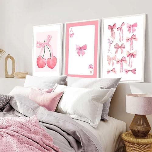3Pcs Trendy Pink Bows Wall Art Preppy Watercolor Bows Canvas Posters Prints Girly Aesthetic Wall Decor Pictures for College Apartment Bedroom Decoration, Unframed 12x16in - Image 1