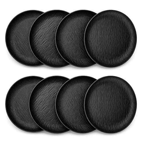 8pcs Dinner Plate – Light Luxury Stone Pattern Bone Plates, Lightweight Unbreakable Plastic Dinnerware Set fCold Food Dishes with Heat-Resistant Design. Perfect Cake Serving and Snack Tray (Black) - Image 1