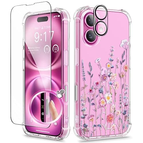 GVIEWIN Compatible with iPhone 16 Case 6.1" 2024, with Screen Protector & Camera Lens Protector, Shockproof Drop Protection Anti-Scratch Bumper Clear Floral Cover for Women, Floratopia/Colorful - Image 1