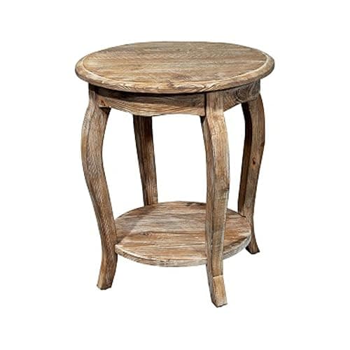 ❤️Austerity 20-Inch Rustic Round End Table with Curved Legs, Scalloped Edges, and Lower Shelf in Driftwood Finish, Natural and White Textured Antique Look - Ideal for Accent Décor by Alaterre Furniture - Image 1