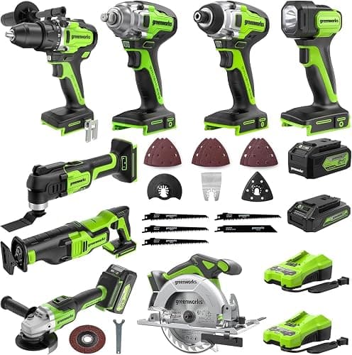 Greenworks 24V 8pcs Combo Kit,(2) Batteries & (2) Chargers. 800in/lb Drill, Impact Driver,Wrench, Multi-tool, Reciprocating Saw, Circular saw, Angle Grinder and Flashlight - 8PC Drill&Saw&Light Combo(1*2Ah&4Ah) - Image 1