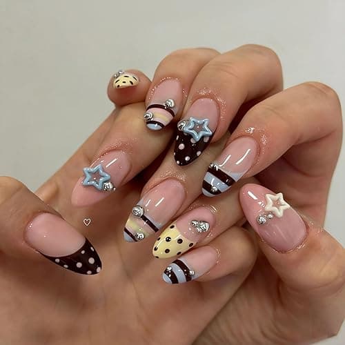 octoswave Long Almond Press on Nails Y2K Star Charms False Nail 24Pcs | French Tip Fake Nails Polka Dots Artificial Nail for Women Girls, Party Romantic Date - Image 1