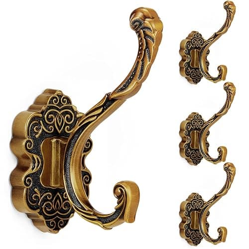 Zonon 4 Pcs Antique Gold Vintage Coat Hooks Decorative Towel Hooks for Bathrooms Antique Wall Hook for Hanging Purse Hat Keys Clothes Heavy Duty Unique French Country Curtain Holder for Wall - Image 1