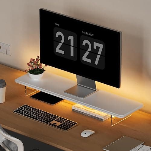 AFOOYO Monitor Stand Riser,31.5-Inch LED Light Wood Computer Monitor Stand with Adjustable Acrylic Legs,Desk Accessories Desktop Organizer Stand for, Computer,Laptop,Printer,PC TV Screen Riser,White - Image 1