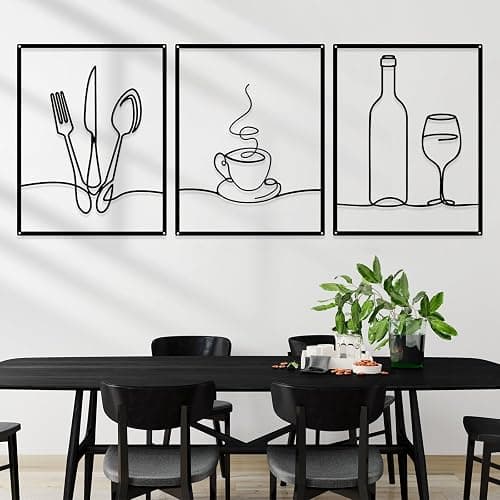 Otoolling 3 Pieces Metal Minimalist Line Kitchen Signs Wall Decor Drawing Rustic Kitchen Wall Art for Dining Living Room Home, 14 x 11 Inches(Dining Room,Black) - Image 1