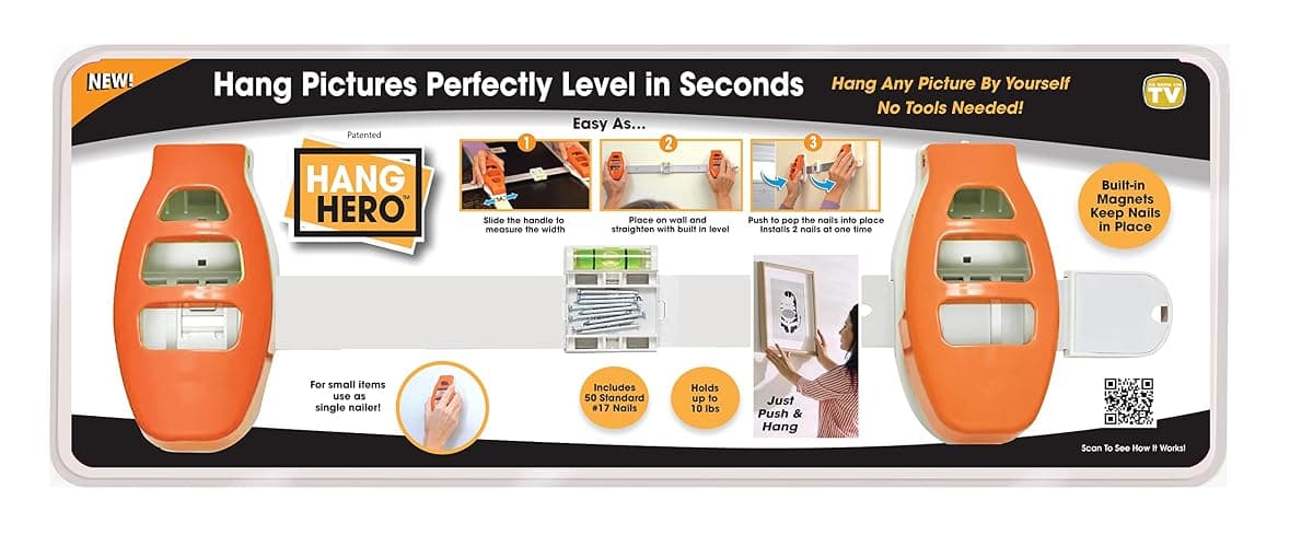 Hang Hero - All in One Picture Hanging System! Measures Frame, Levels and Inserts Nails at The Perfect Depth and Angle. Includes Hang Hero Unit and (50) #17 Brad Nails! - Image 1