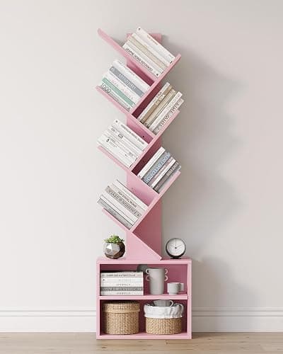 SUNMORY 6 Tier Tree Bookshelf, Tall Small Bookcase with Storage Cabinet | Modern Narrow Bookshelves Organizer, Floor Standing Book Case Shelf for Bedroom Living Room Home Office Corner, Pink - Image 1