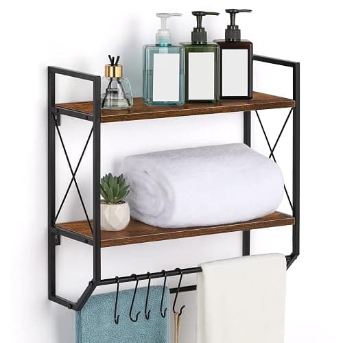 Bathroom Towel Rack 2 Tier Wall Shelf with Towel Bar, Rustic Towel Rack with Shelf for Wall Storage Shelves with Hooks Over Toilet Shelf Wall Mounted Towel Holder Shelf Floating Shelves for Home Brown - Image 1