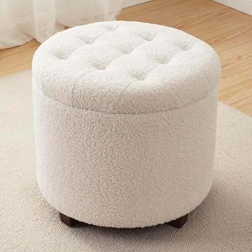 Ornavo Home Decor Round Ottoman with Storage, Round Vanity Chair Stool Ottoman Pouf with Storage for Living Room and Bedroom, Boucle White - Image 1