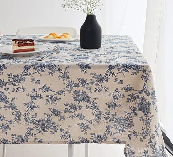 Wracra Contton Linen Vintage Rectangle Tablecloth Pastoral Floral Rustic Table Cloth Washable Table Cover for Indoor&Outdoor,Farmhouse Decor,Picnic,Tabletop Decoration (Blue Floral, 55"×78") - Image 1