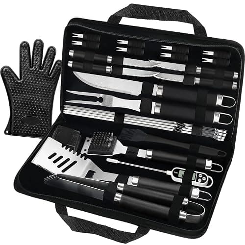 POLIGO 26PCS Grill Accessories for Outdoor Grill Utensils Set Stainless Steel BBQ Tools Grilling Tools Set for Christmas Birthday Presents, Barbecue Accessories Ideal Grilling Gifts for Men Dad Women - Silver - 29PCS Grill Set - Image 1