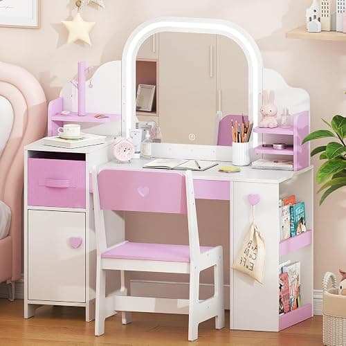 Frogprin Kids Vanity with Lights and Chair, Princess Makeup Vanity Desk with Mirror Bookshelf Storage Cabinet,3 in 1 Toddler Vanity Table Makeup Dressing Table, Pretend Play Vanity Set for Little Girl - Image 1